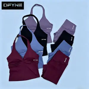 DFYNE Sexy Halter Deep V Neck Crop Top & Shorts Set Women - High Stretch Naked Feel Yoga Workout Activewear
