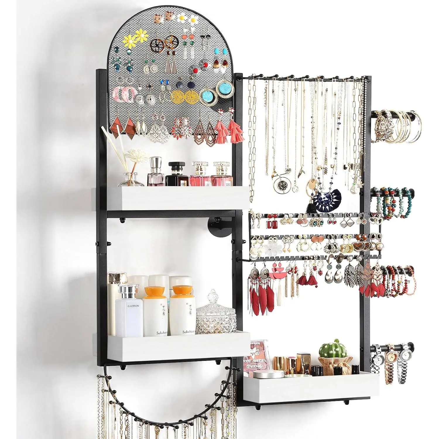 Wall Mount   Organizer - Large Display Holder for Earrings, Rings, Necklaces, Bracelets, Watches and Perfume - White