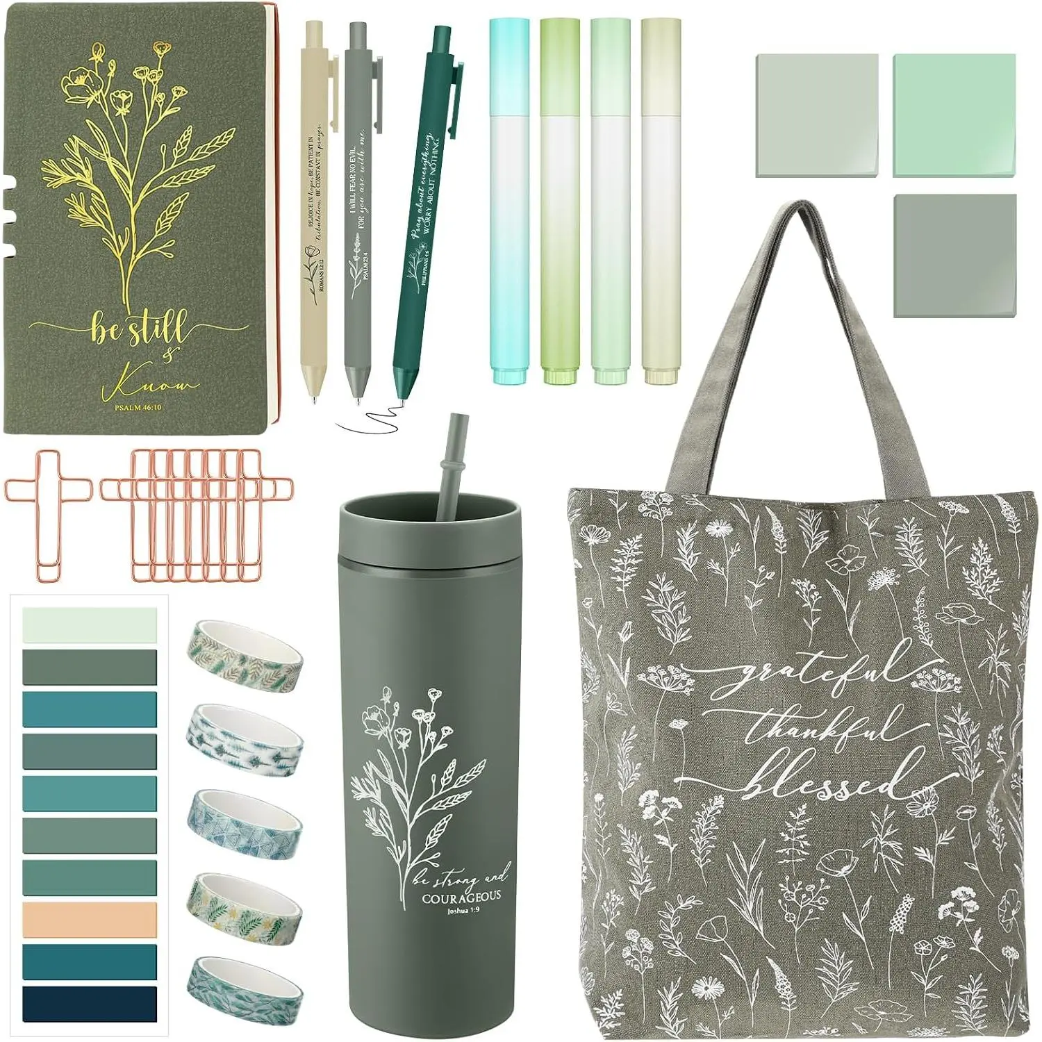 29 count  Study Supplies Journaling Kit with Christian Cup Tote Bag for Women Gifts Set Pastor Wife  Sister Church Religious Sunday School Birthday Gifts(Green)