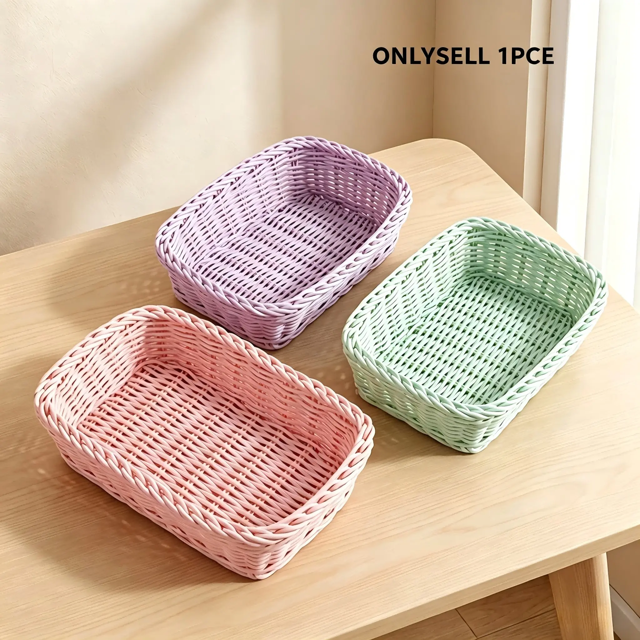 Macaron Color Plastic Imitation Wicker Storage Basket, Stackable Rectangular Desktop Organizer, Washable Countertop Tray, Multi-Functional Cosmetics Stationery Box