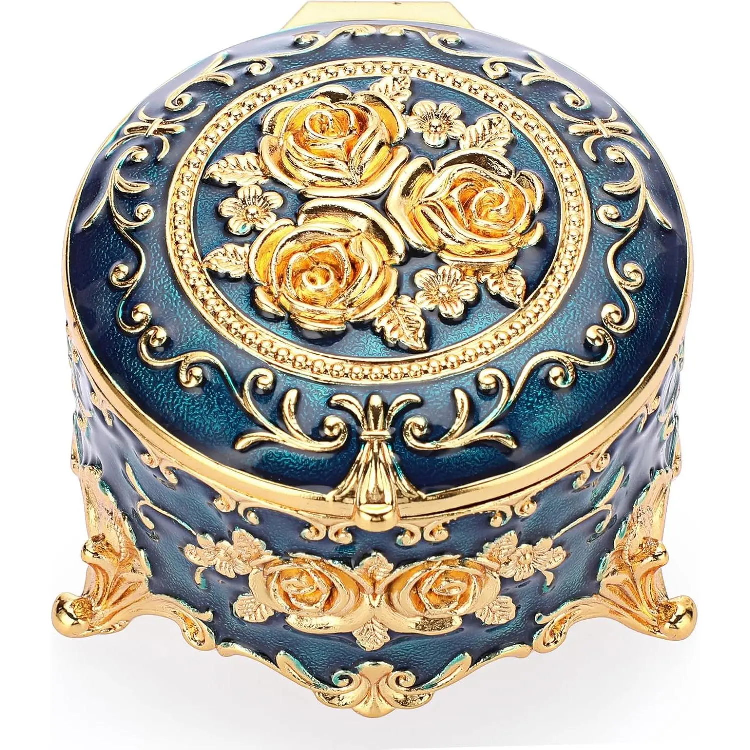 Antique Metal Jewelry Box Ring Earring Treasure Chest Case Small Trinket Box Round Jewelry Display Box Necklace Organizer Wedding Birthday Gift Home Decor, 3x3x2.4 inch
