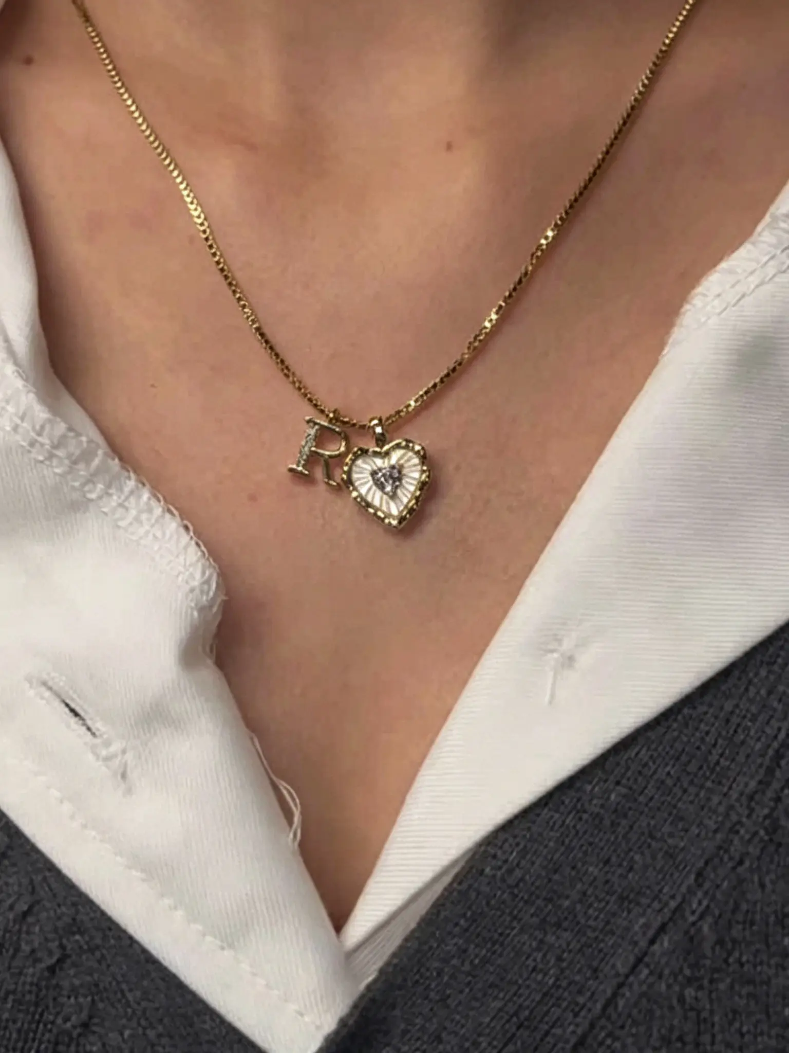 Gold heart initial necklace, Love Necklace, Rhinestone decorated necklace, Alphabet necklaces, hypoallergenic box chain with full A-Z rhinestone letters, Shell heart pendant with heart crystal, back to school, daily blouses and dresses for women