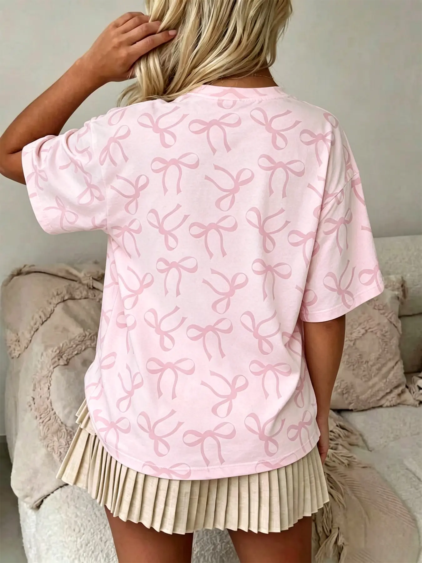 Women's Casual Short Sleeve T-Shirt, Pink Bow Print Crew Neck Top, Ideal For Sweet Street Style And Summer Daily Wear