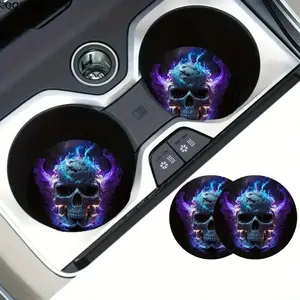 2Pcs Purple Flame Skull Car Coasters, Gothic Blue Fire Skeleton Non-Slip Silicone Cup Mat, Universal Cool Vehicle Interior Accessories, Halloween Gift for Men