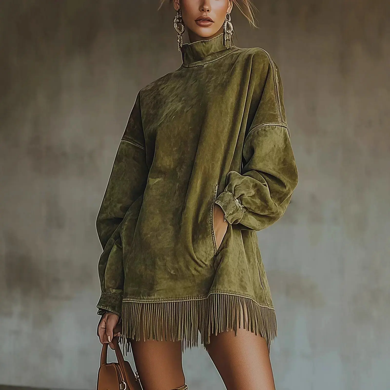 2026 New Autumn Winter High Neck Loose Fit Pocket Fringe Long Sleeve Suede Dress For Women Casual Daily Wear