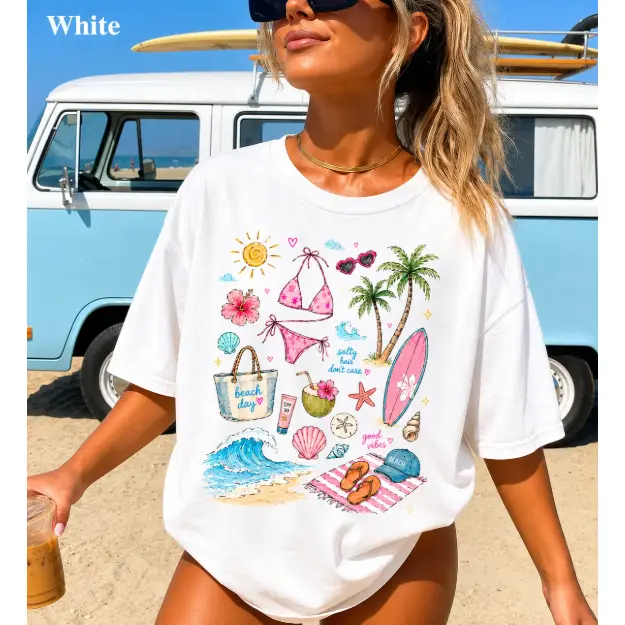 Women's Vintage Seashell T-Shirt, Comfortable Cotton Graphic Tee, Coastal Aesthetic Top for Summer Vacation & Beach Wear, Clothes, Fabric, Fashion, Casual, Fitted, Print