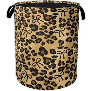 Brow Leopard Laundry Basket,Black Bow Clothes Hamper,Oxford Cloth Collapsible Nursery Hamper Storage Organization for Bedroom,Bathroom,Office,College Dorms,16x20 Inch