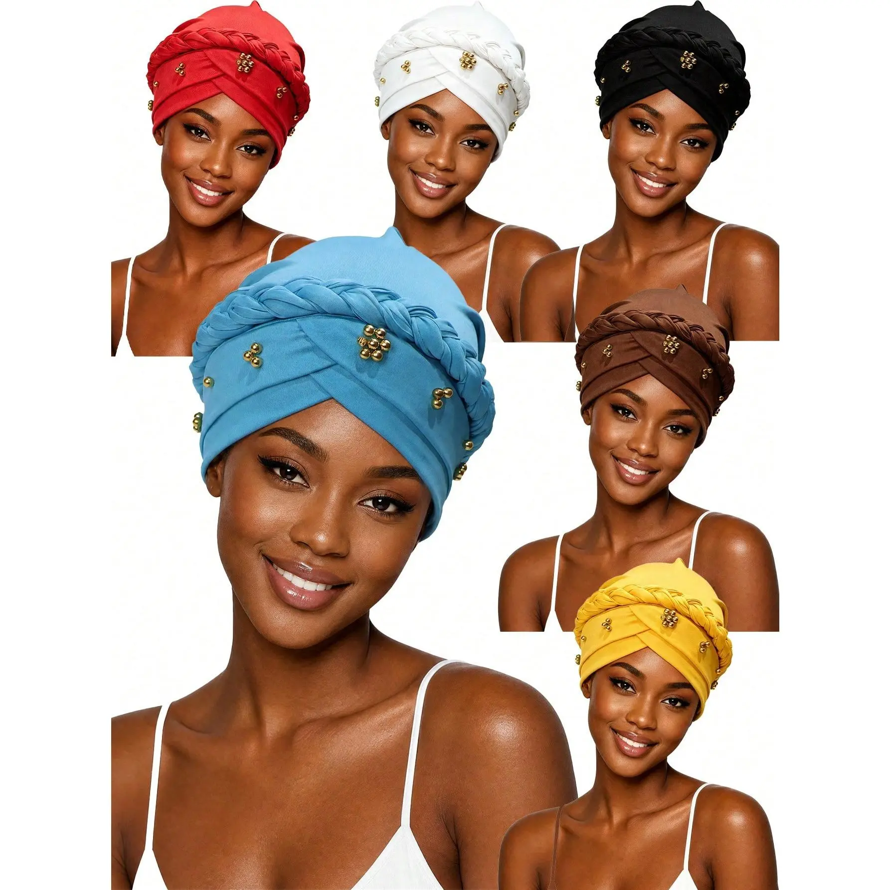 5pcs Gold Bead Decor Braided African Turban Soft Stretch Head Wrap Hijab Cap,Fashion Twist Hair Cover Bonnet For Daily Wear,Muslim Hijab Turban Cap