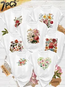 7Pcs Women Crew Tee, Heart Bouquet Faith Script Retro Big Flower Print, multi-color washable summer tee