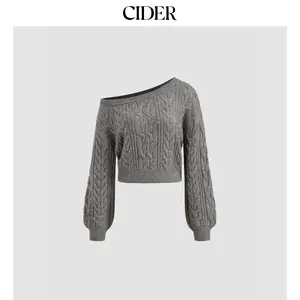 Cider Cable Knit Asymmetrical Neck Oversized Long Sleeve Top