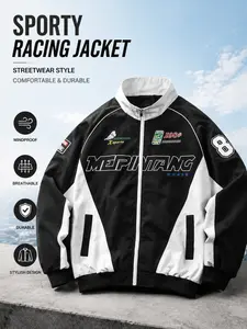Vintage Motorcycle Casual Racing Sport Patchwork Stand Collar Jacket, Cool Letter Print Loose Windproof Sports Outerwear Coat, Spring Fall Streetwear Couples' Baseball Shirt