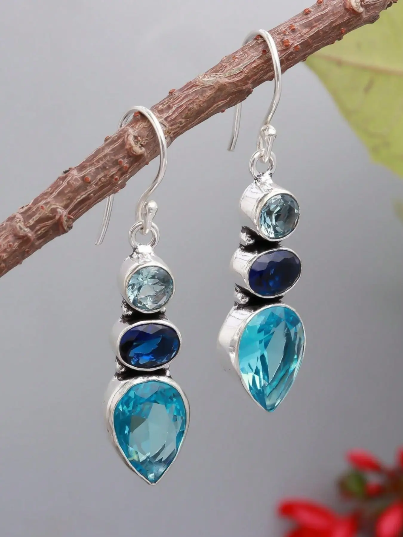 AEONBLULI Blue Topaz 3-Stone Dangle Earrings for Women, Silver Teardrop Crystal Drop Earrings, Birthday Christmas Jewelry Gift