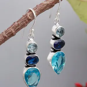 AEONBLULI Blue Topaz 3-Stone Dangle Earrings for Women, Silver Teardrop Crystal Drop Earrings, Unique Design Earrings, Birthday Christmas Jewelry Gift