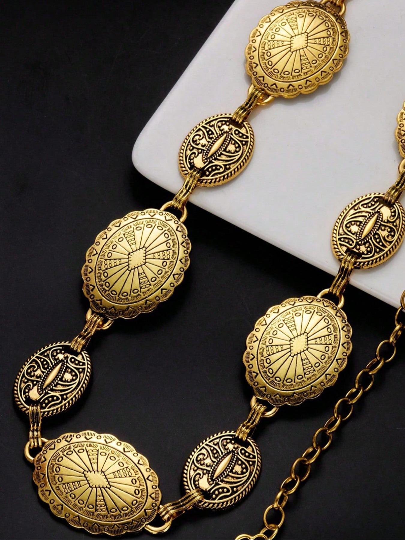 Women's Vintage Metal Waist Chain, Exaggerated Carved Texture Belt Buckle, Fashionable All-Season Accessory, Perfect for Dresses & Vintage Body Jewelry