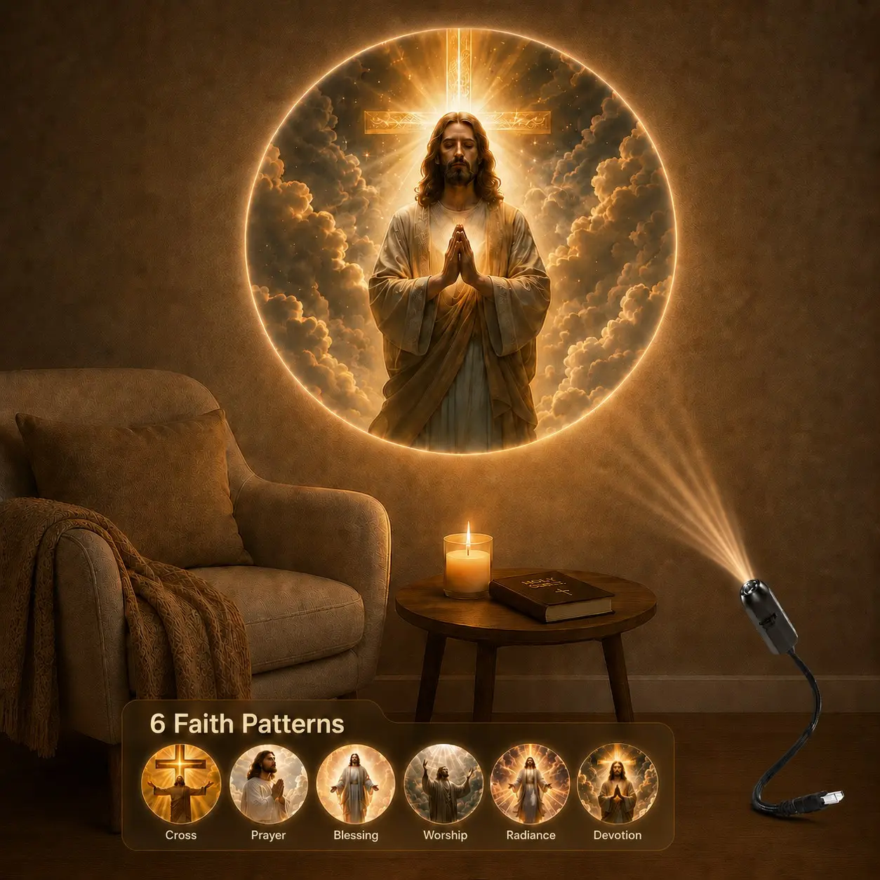 Christian Jesus Pattern Projection Lamp with 6 Replaceable Projection Lenses, Adjustable Light for Wall, Ceiling, Bedroom, Prayer Corner and Church Decoration