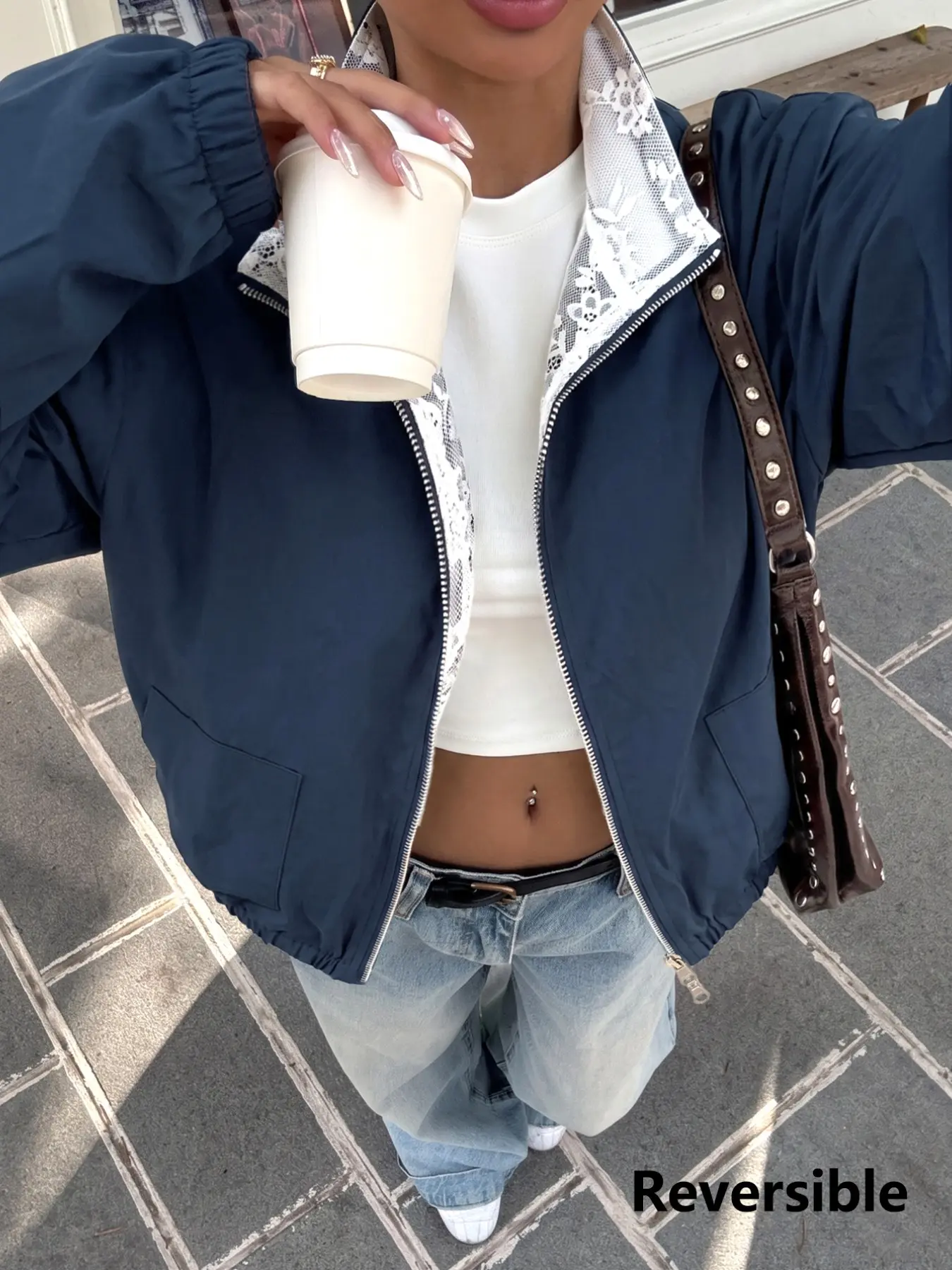 Reversible Lace Lined Zip Up Bomber Jacket Women Casual Loose Oversized Stand Collar Windbreaker Coat