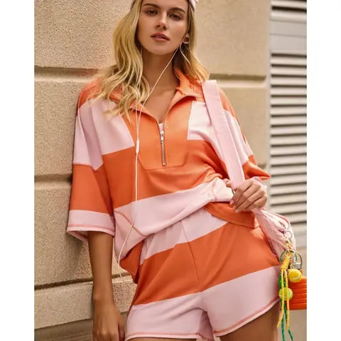 Women's 2-Piece Polyester-Elastane Striped Casual Matching Set - Collared Half-Sleeve Sweatshirt & Above-the-Knee Lounge Shorts, Home Loungewear Outfits