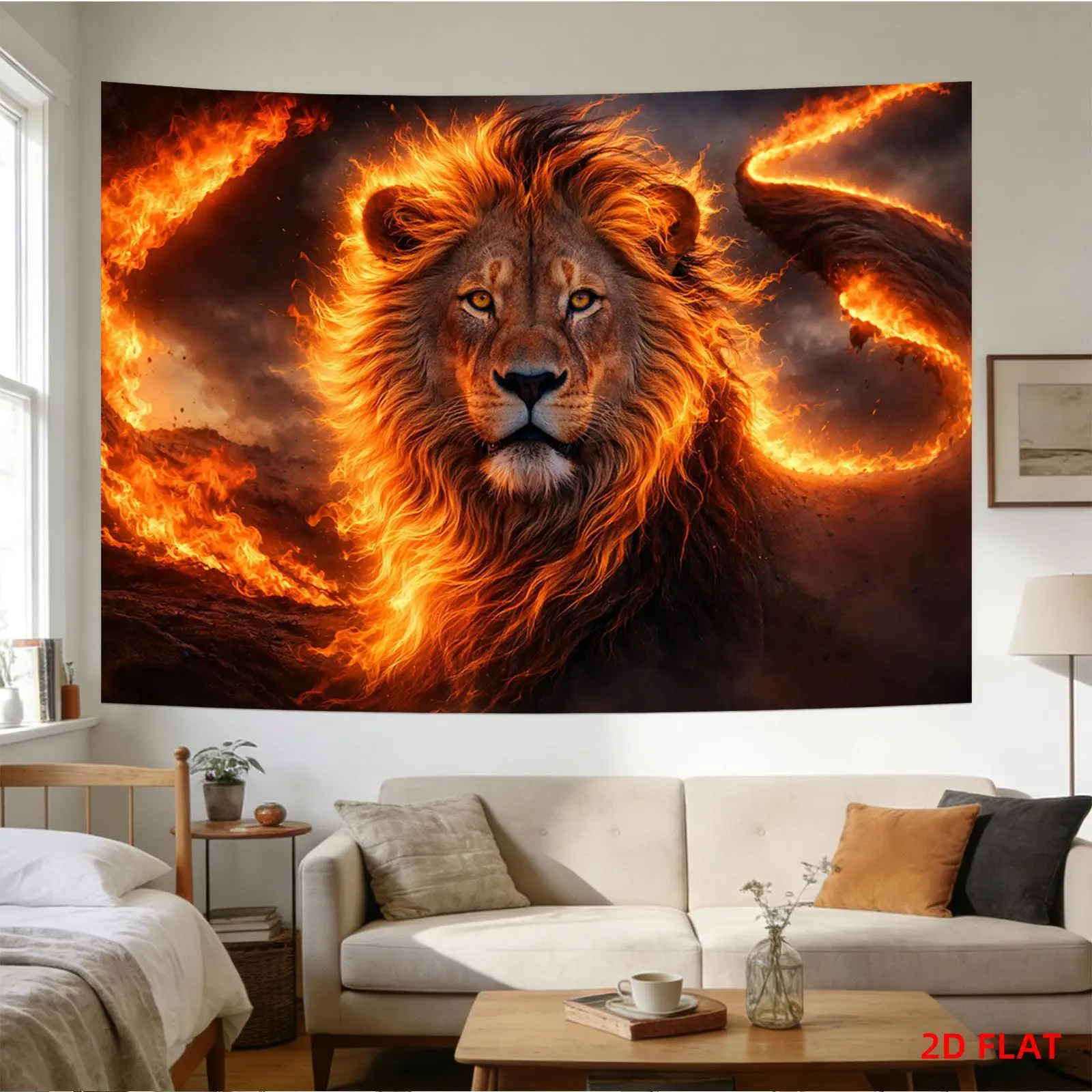 Funny Tapestry Lion, Fire, Flames, Powerful, Majestic, Room Wall Decoration,Suitable for, Living Room, Meditation, Office, Party Decoration