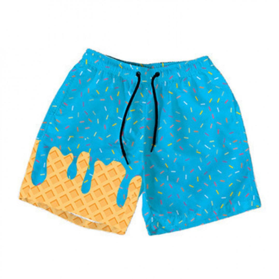 Polyester breathable 3D printed ice cream beach shorts, summer vacation loose surfing shorts, unisex fun casual sports shorts