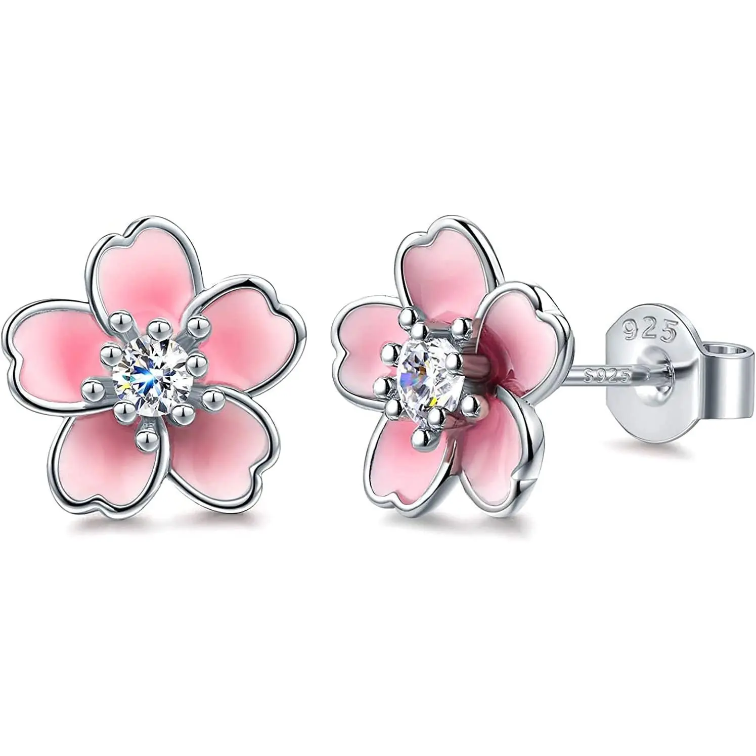 Pink Flower Earrings for Women, 925 Sterling Silver Stud Earrings, Cute Plumeria Earrings For Women, Cherry Blossom Hypoallergenic Stud