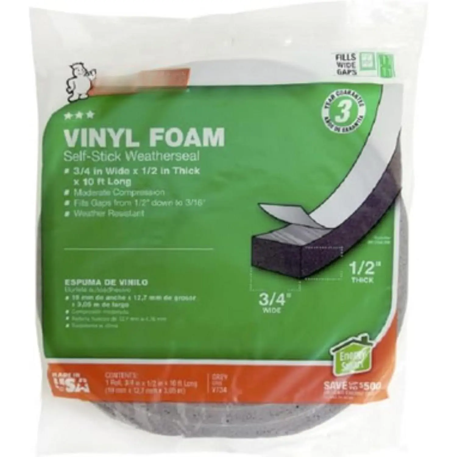 V734H Vinyl  Tape - Closed Cell - Moderate Compression, 3/4" W, 1/2" Thick, 10' L, Grey,Gray