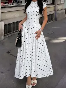 White Polka Dot Cap Sleeve Maxi Dress Women Round Neck A-Line Full Skirt Elegant Formal Party Dress Wedding Guest Outfit Summer Going Out Fashion