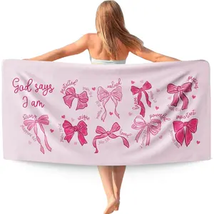 Pink Bow Beach Towels Oversized Gifts for Women Girls, God Say I Am Bible Verse Quick Dry Travel Sand Free Towel Decor for Bathroom Swimming Pool 30x60in