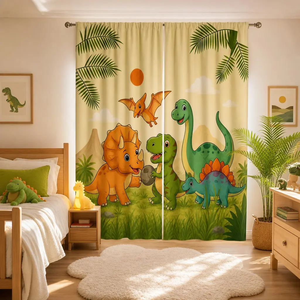 Cartoon Dinosaur Kids Semi-Sheer Curtains, Jungle Palm Tree Mountain Cloud Pattern, Insulated Curtain Panels for Boy's Bedroom, 2 Panels Included