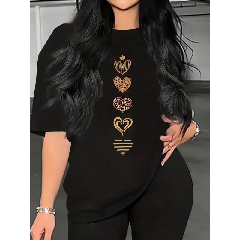 Casual Fitted Top for Women with Gold Heart Print, Short Sleeve Crew Neck in a CVC Blend for Daily Streetwear, Tshirt, Basic, Short Sleeves, All Seasons, Gold Heart Stack Adds Standout Shine, Date-Night-Ready With Heart Detail sport sporty