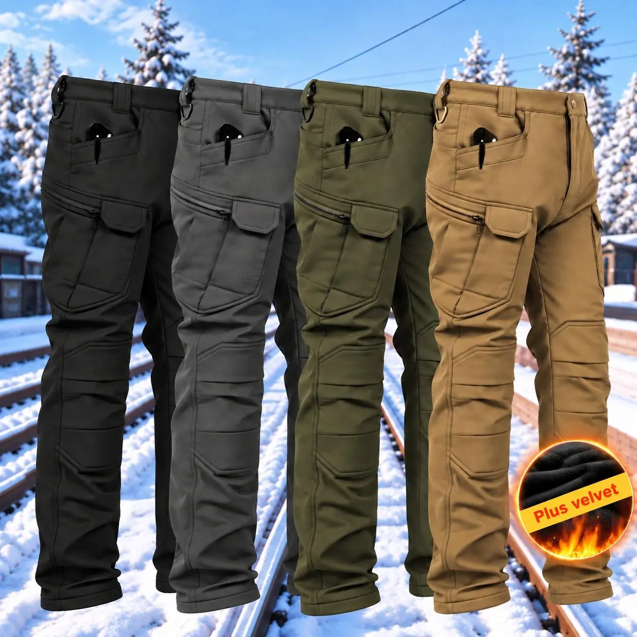 Mens windproof, warm, thick fleece-lined work overalls; water-resistant, multi-pocket winter tactical pants, suitable for construction work