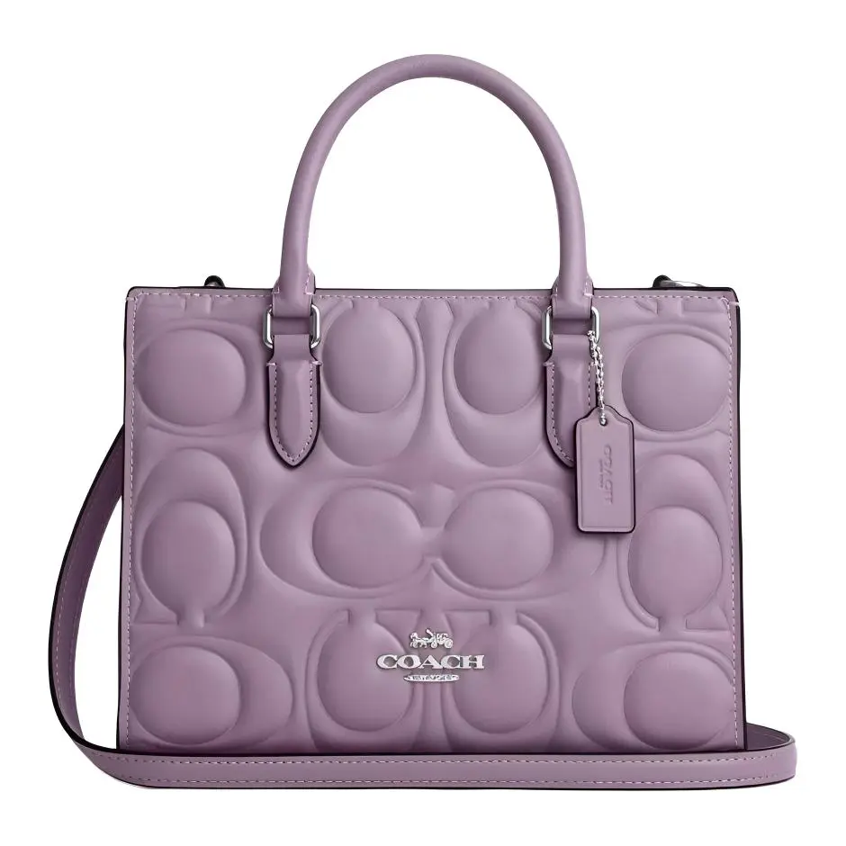 Coach Maggie 25 Detachable Strap Tote Bag for Women – Classic Silver Logo, Leather, Medium Size, Jasmine Purple
