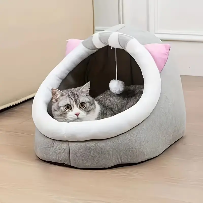 Cute Cat Bed for Small, Medium, and Large Cats, Soft and Cozy Plush Bed with Hanging Toy, Non-Slip Bottom for Indoor Cats