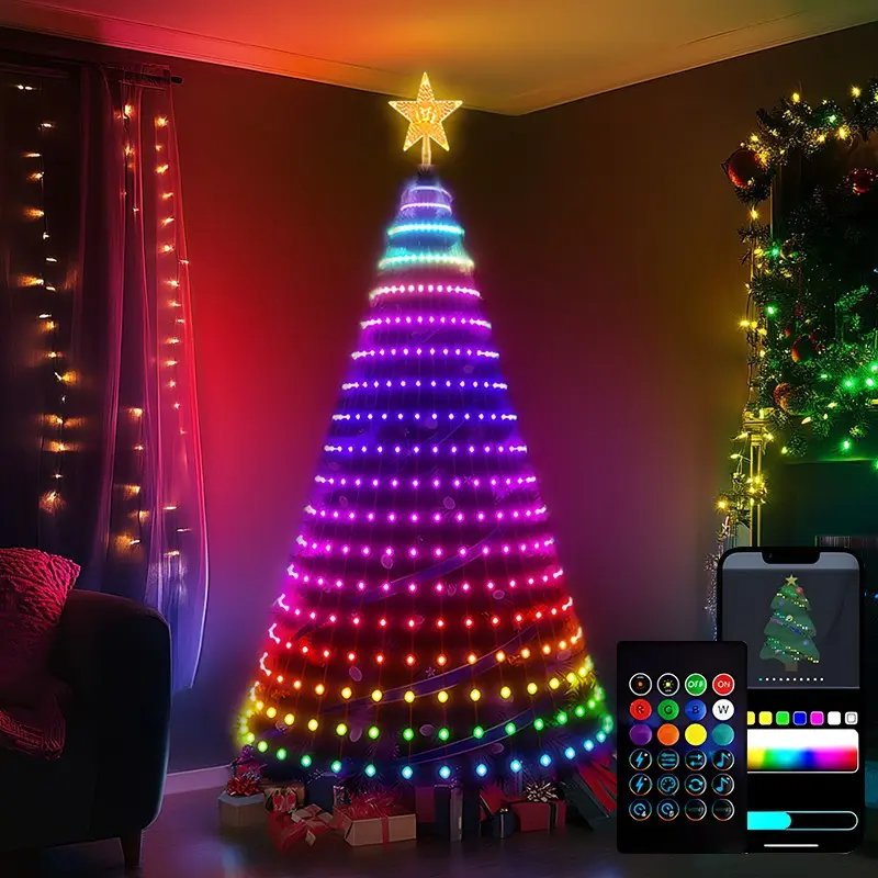 Plug-In Adapter Cone Christmas Tree Pixel Light String, Remote Multi-Mode Dimmable Holiday Lights, Programmable Atmosphere Waterfall Lamp