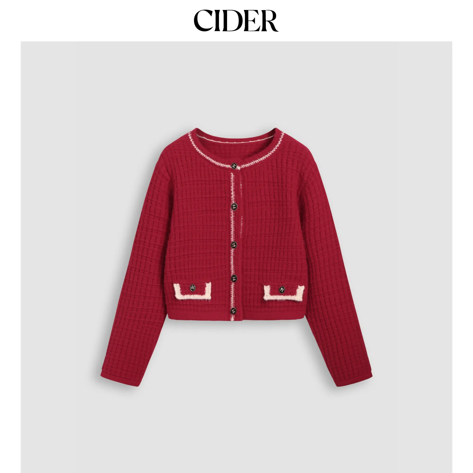 Cider [size 2-10] Knit Contrasting Trim Button Long Sleeve Crop Top