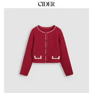 Cider [size 2-10] Knit Contrasting Trim Button Long Sleeve Crop Top
