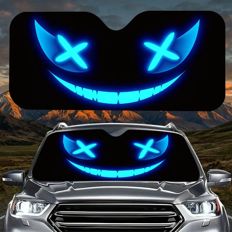 Neon Blue X Eyes Evil Grin Car Windshield Sunshade, Foldable UV Protection Sun Visor, 2D Flat Print Cyberpunk Pattern Front Window Cover