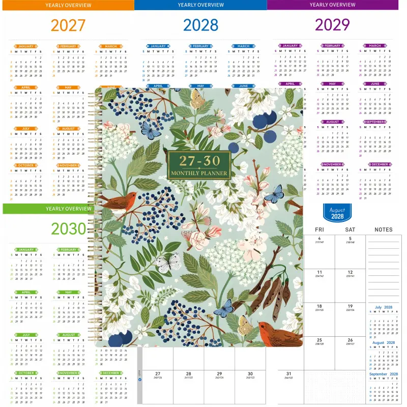 2027-2030 monthly planner, Calendar planner, A5 size, 124 pages of paper, gradient inner pages, vintage botanical prints with wildflowers, mint green background floral cover, monthly daily planning, 4-year spiral-bound notebook