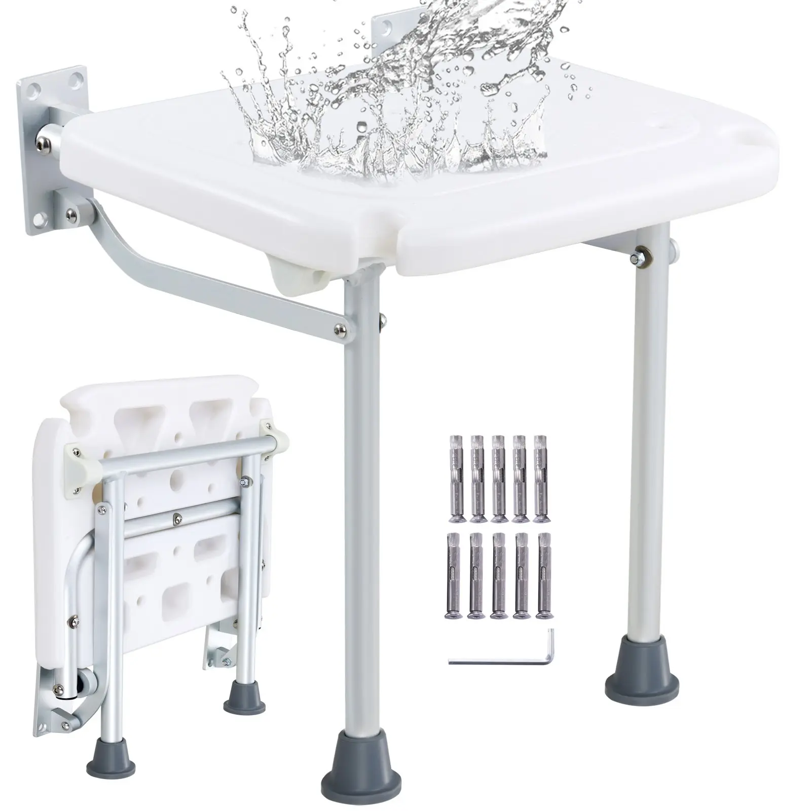 Folding PE Shower Seat, 15.7''x 14.8'' Unfolded, Wall Mounted Fold Up Shower Bench with 500 lbs Load Capacity, Space Saving Fold Down Shower Chair for Seniors Pregnant Women Children Adults