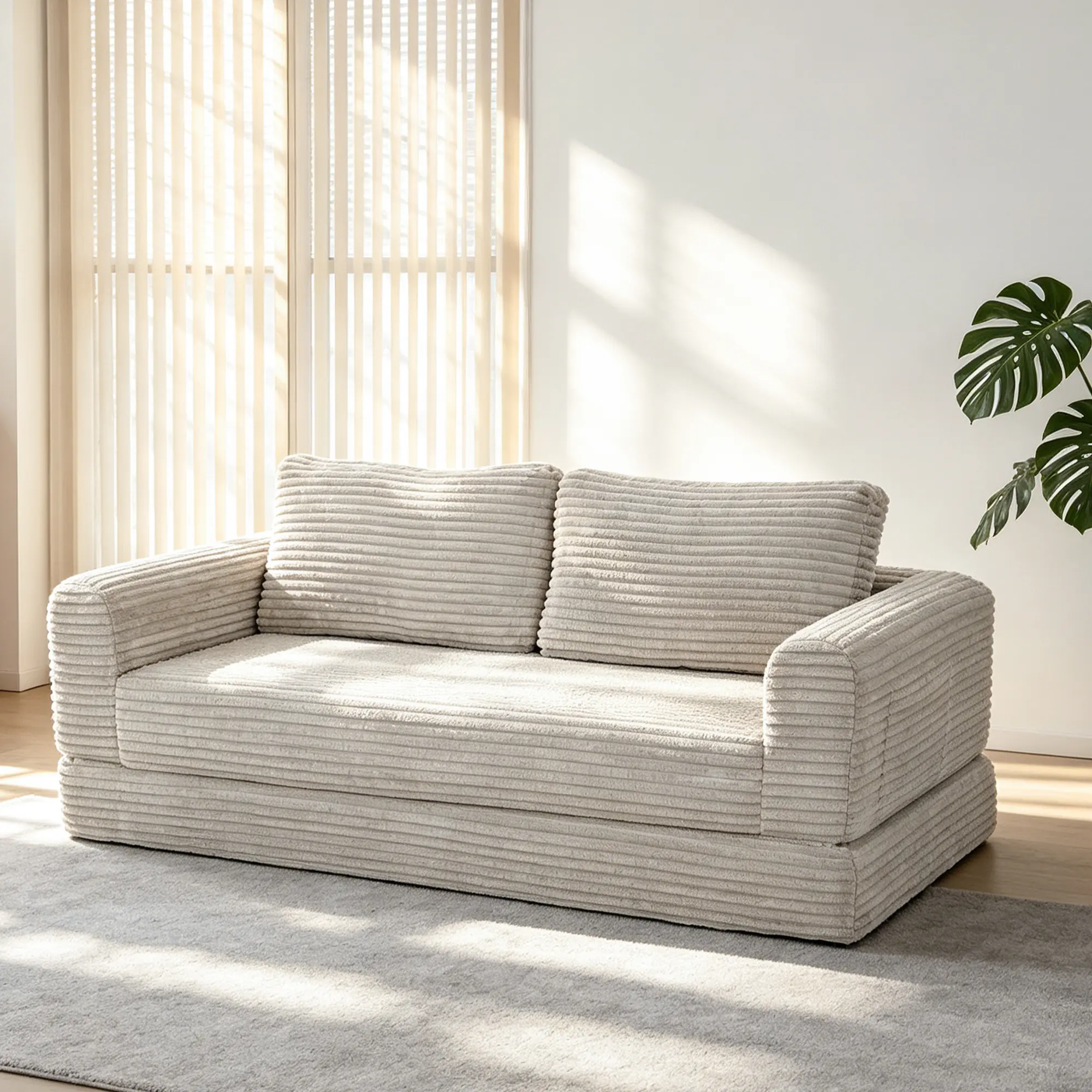 ARCH Convertible Futon Sofa Bed 59 Inch Folding Sofa Couch with Deep Seat, Cloud Corduroy Foldable Sleeper Sofa, Memory Foam & Polyurethane Foam, Beige White, for Living Room, Guest Bed, Small Space, Beige White Color Options, Corduroy Material