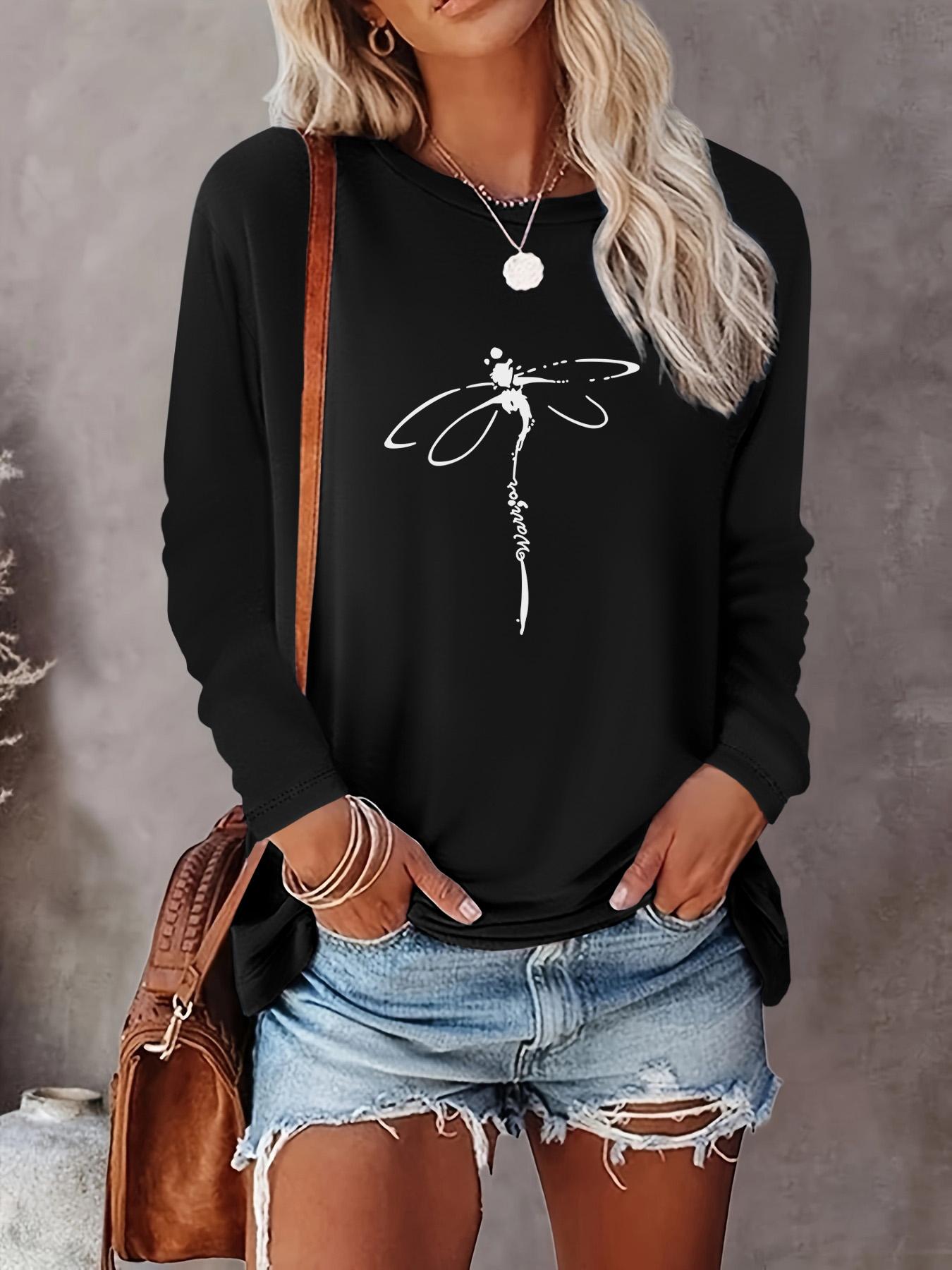 Women's Dragonfly Print Round Neck Tee, Casual Comfort Womenswear Long Sleeve Crew Neck T-shirts for Summer, Fashion Women's Top for Daily Wear