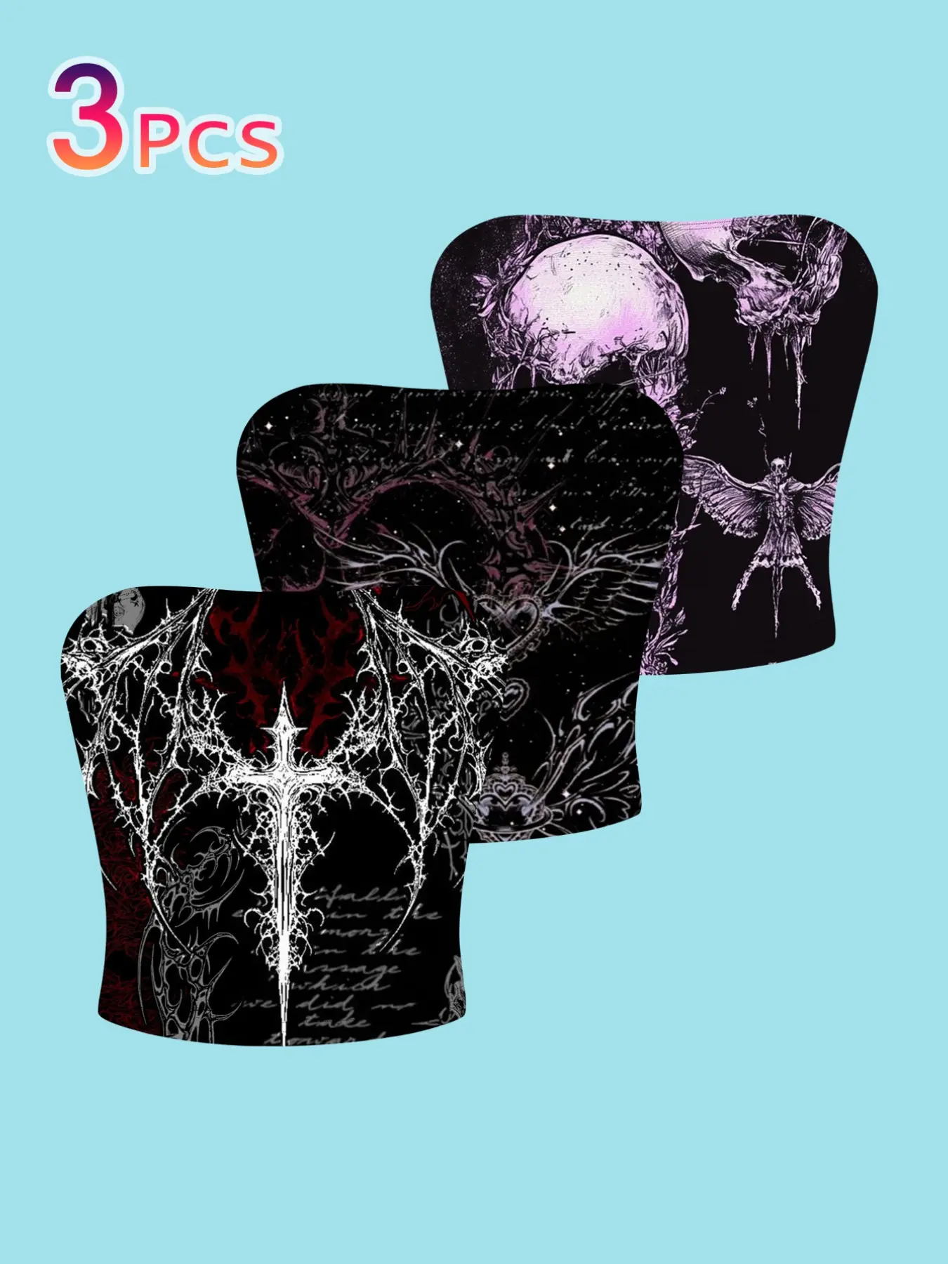 3-Pack Gothic Cross Print Tube Top, Retro Y2K Slim Fit Crop Vest, Halloween Party Stage Wear, All-Over Print Chic Casual Sleeveless Clothing, Cropped Tank Tops, Summer Casual Sleeveless