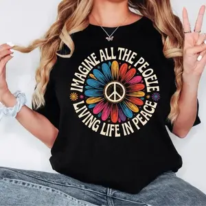 Imagine Peace T-Shirt | "Imagine All the People Living Life in Peace" | Floral Daisy Peace Sign Tee | Hippie Boho Graphic Shirt