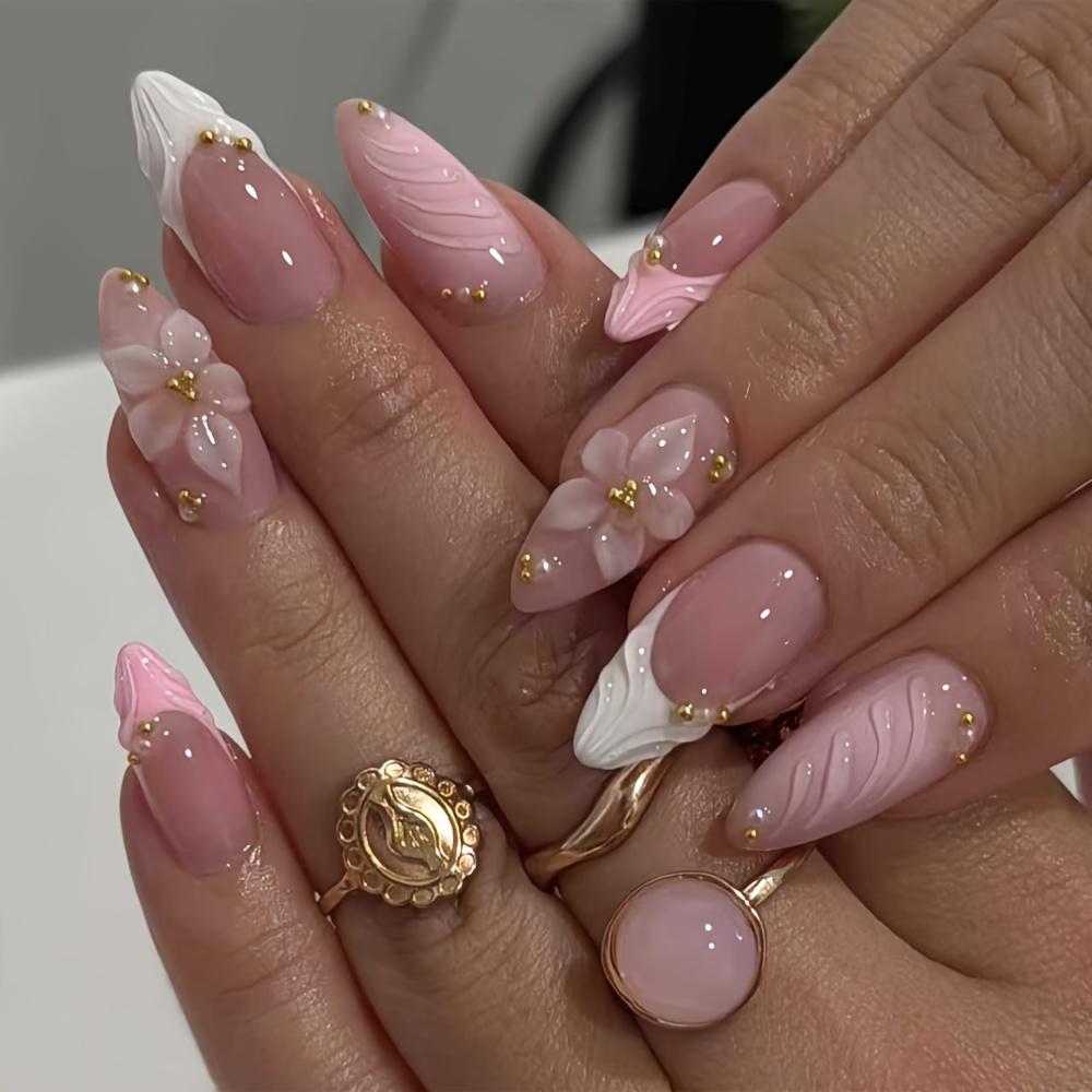 24-Piece 3D Press-On Nails • 3D Floral, Teardrop, Lily, and Shell Designs • Includes Nail Art Tools • Reusable and Removable • Suitable for Proms, Parties, and Any Occasion • Ideal Choice for Women's Nail Art