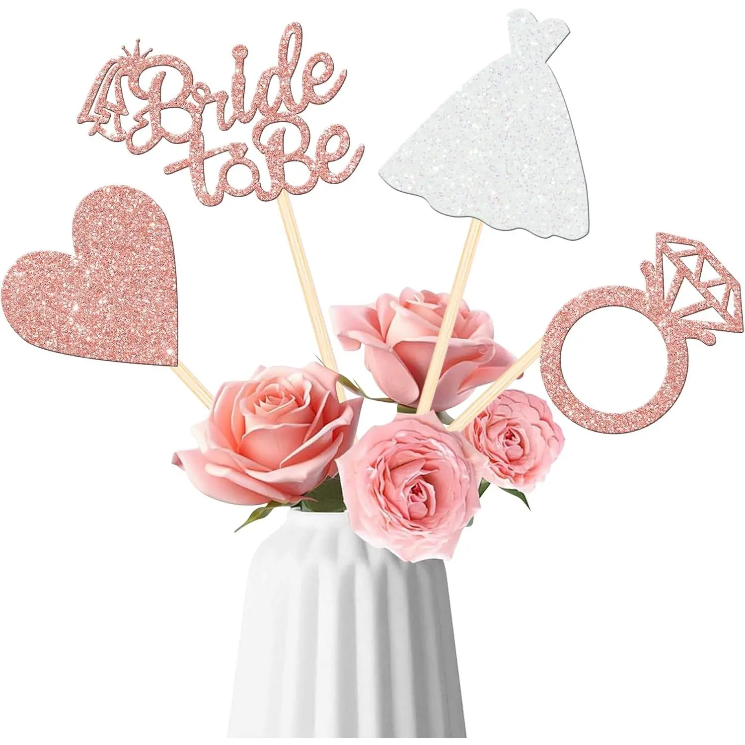 12 count Bride to Be Centerpiece Sticks Double Sided Glitter Heart Ring Dress Bridal Shower Table Flower Centerpieces for Wedding Engagement Bachelorette Party Flower Decorations Supplies Rose