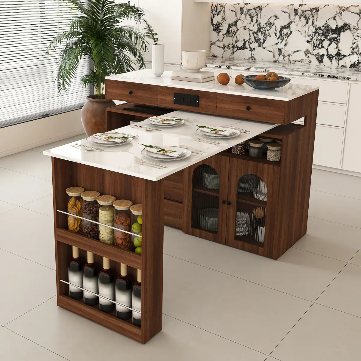 Walnut Retro Kitchen Island - Extendable-Rotating Table, MDF Base with Walnut Veneer & Wood Grain Retro Lines, 4 Drawers, Glass Door Cabinets with Built-in Socket, 47-in Wide Expandable Dining Station for 2-4 Persons