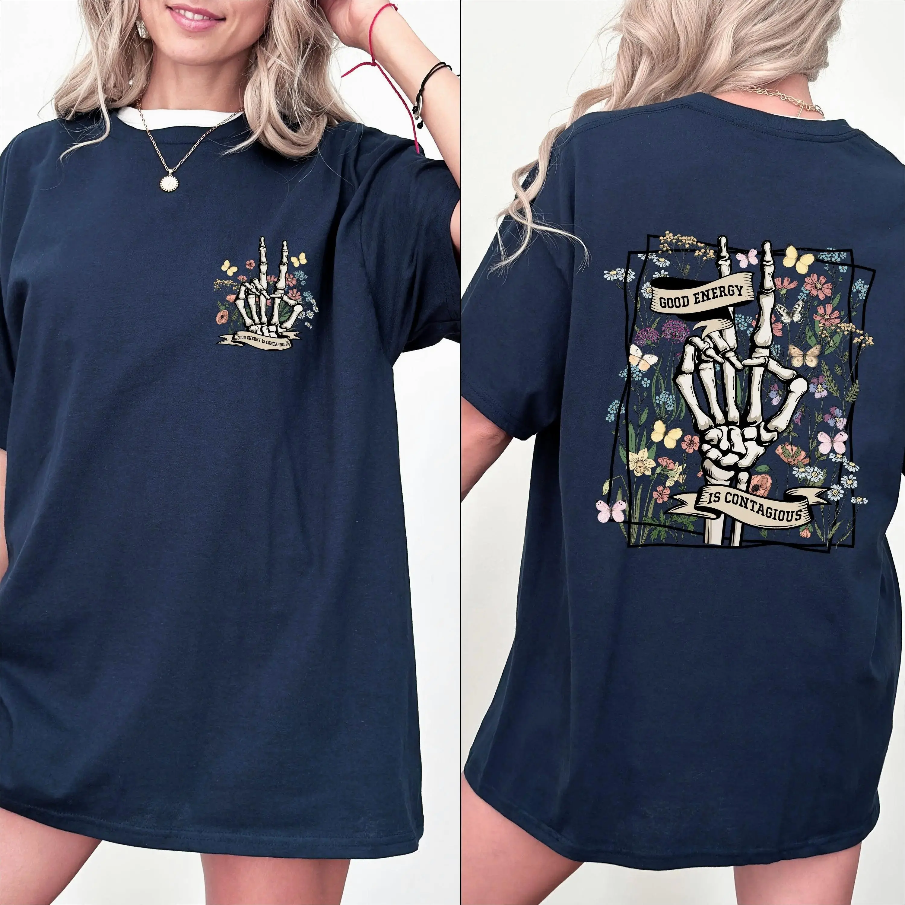 Women's Casual Graphic Crew Neck T-Shirt - Good Energy Is Contagious Skeleton Butterfly Print - Streetwear Tops, Round Neck, Short Sleeves
