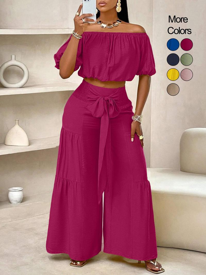 Women's Solid Color Top & Wide Leg Pants Set, Casual Off Shoulder Top & Palazzo Pants for Summer, Ladies Clothes for Beach Holiday Vacation, Womenswear