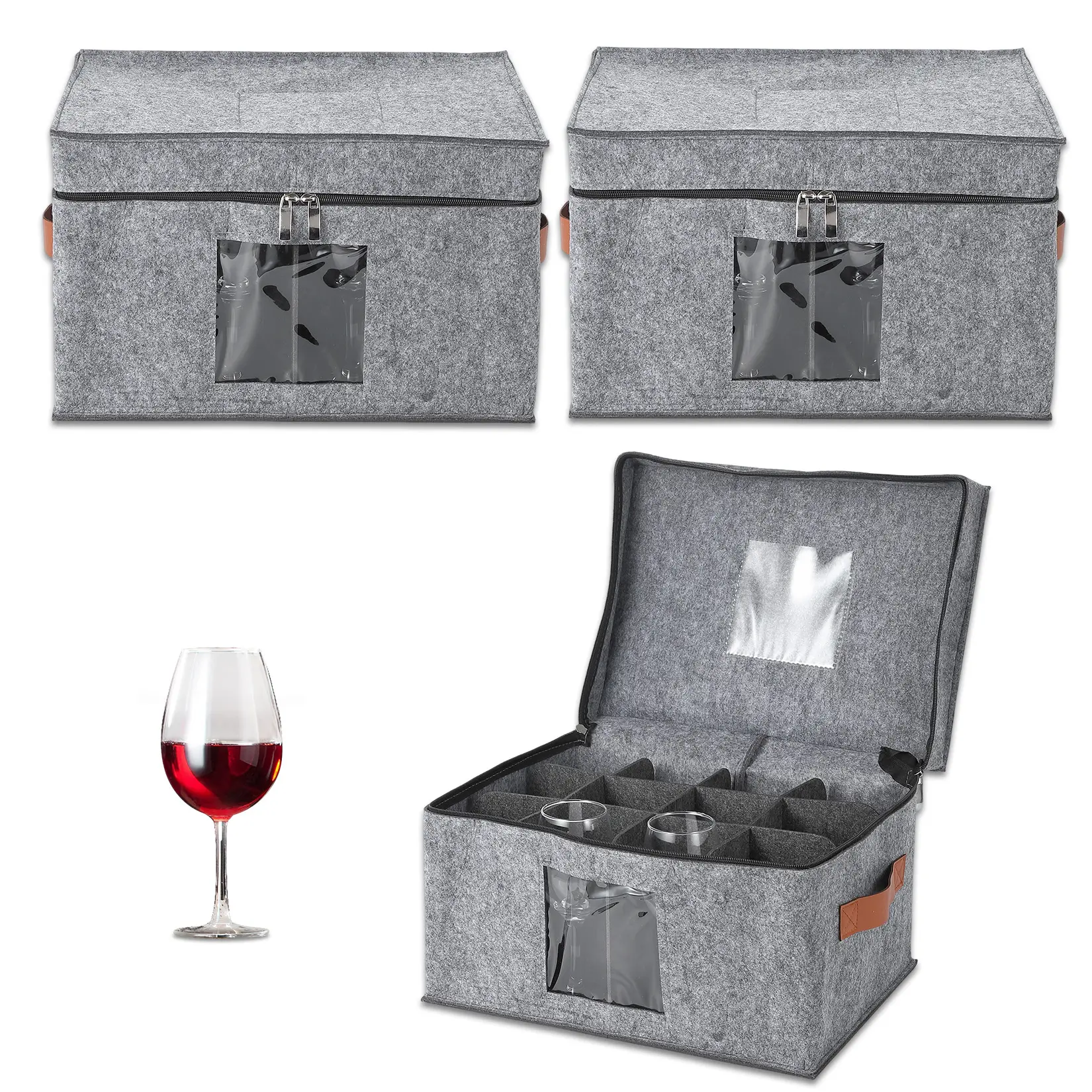 Protective 3-Pack Wine Glass Storage Box with Dividers – Portable Stemware Organizer with Zippered Lid, Clear Window & Carry Handle – Ideal Glassware Storage Bin for Kitchen & Dining