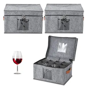 Protective 3-Pack Wine Glass Storage Box with Dividers – Portable Stemware Organizer with Zippered Lid, Clear Window & Carry Handle – Ideal Glassware Storage Bin for Kitchen & Dining