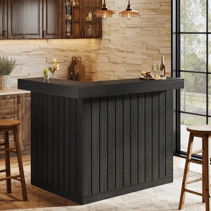 Black Industrial L-Shaped Corner Bar Table - Household Floor-Standing 4-Tier Home Bar Unit with Storage Shelves, Wine Glass Holder, MDF Build, Farmhouse Look, Thick Base, Pre-Drilled Kit, Assembly Required, Home Pub Reception Desk, Thickened Base, Rock-So